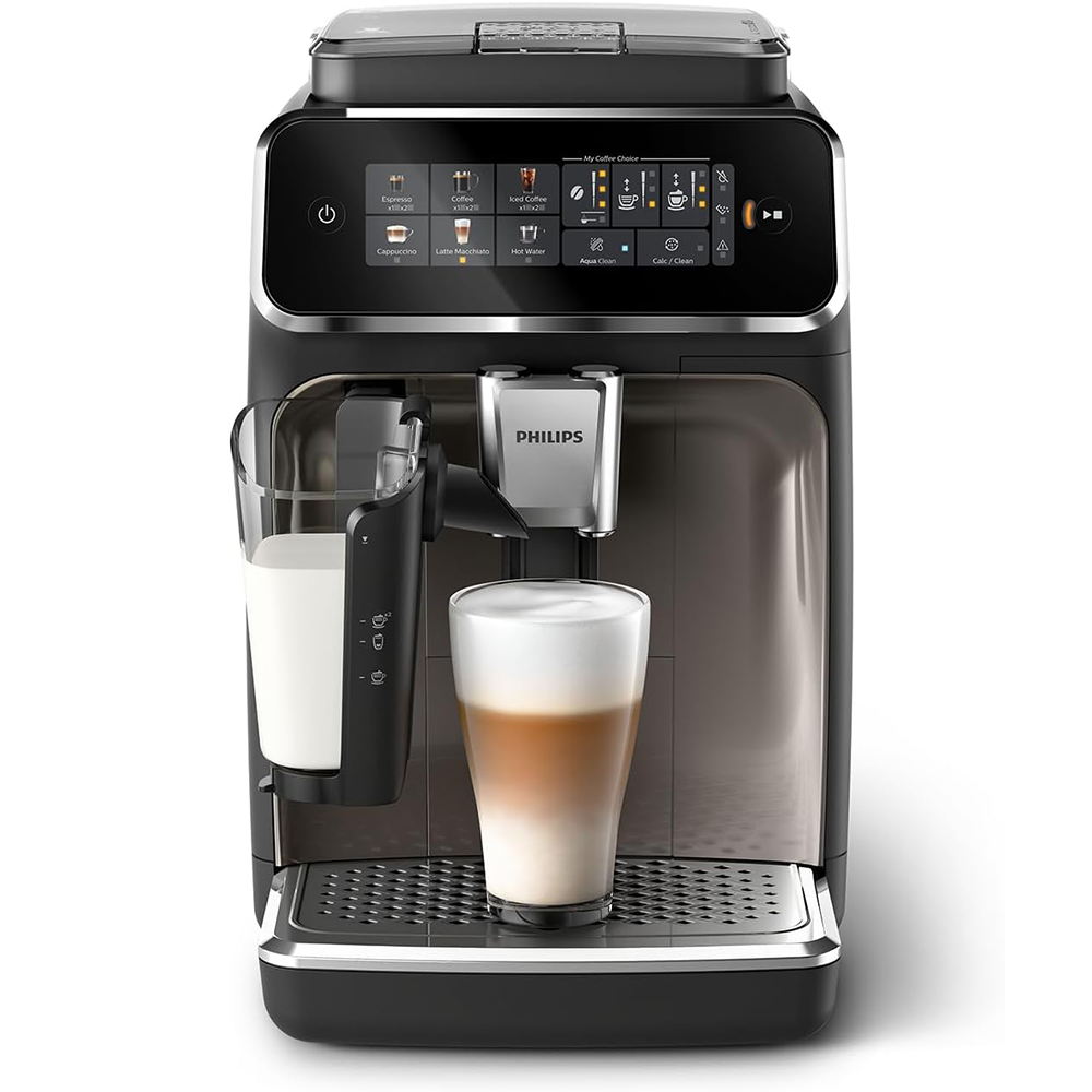 Philips 3300 Serie Vollautomatische Espressomaschine - 6 Getränke, Modern Colour Touch Screen Display, LatteGo Milk System, SilentBrew, 100% Keramikschleifer, AquaClean Filter, Schwarz Chrom (EP3347/90)