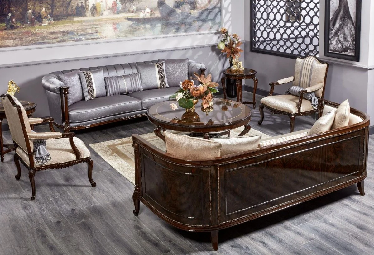 Luxury Baroque Sofa Silver / Dark Brown - Magnificent Living Room Sofa - Baroque Style Living Room Furniture - Luxury Furniture in Baroque Style - Baroque Furnishings - Noble & Magnificent