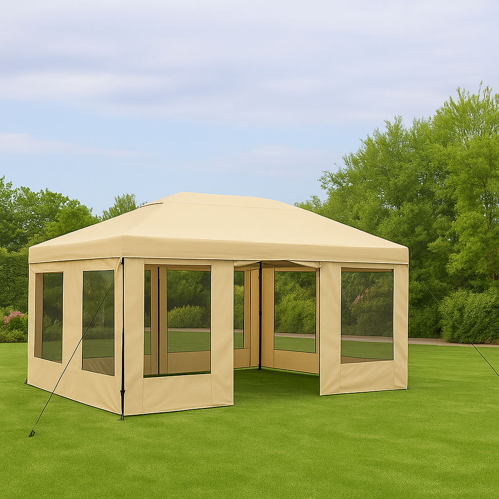 Beigefarbenes, faltbares Polyester-Pavillonzelt für Garten, Terrasse und Veranstaltungen, 3 x 2,2 x 2,6 m