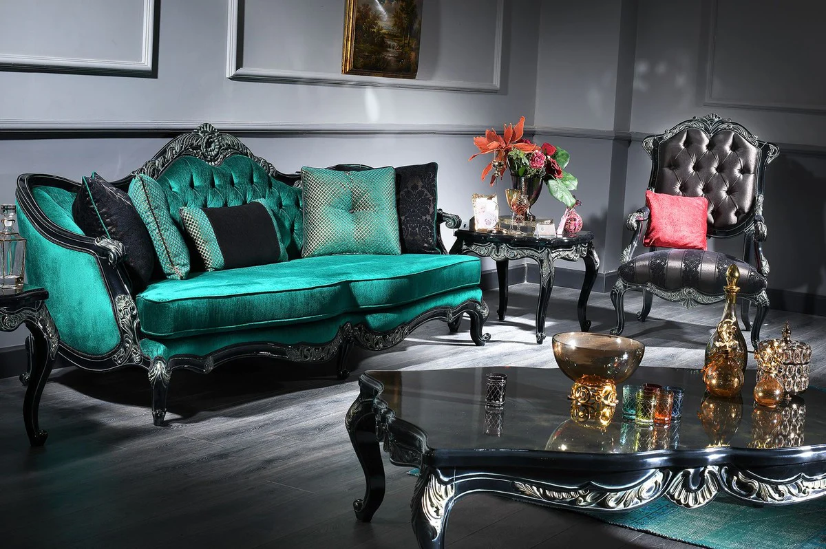 Luxury baroque living room set green / black / gold - 2 sofas & 2 armchairs & 1 coffee table & 2 side tables - magnificent baroque furniture - luxury quality