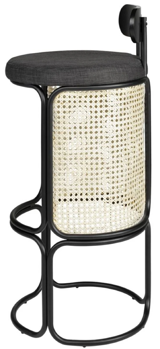 Designer bar chair with backrest black / natural color Ø 40.5 x H. 90 cm - Round padded bar stool with elegant rattan weave and powder-coated steel frame