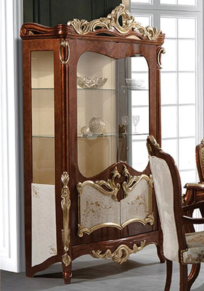 Luxury baroque display cabinet brown / cream / gold - handmade solid wood display cabinet with 2 glass doors - magnificent baroque furniture