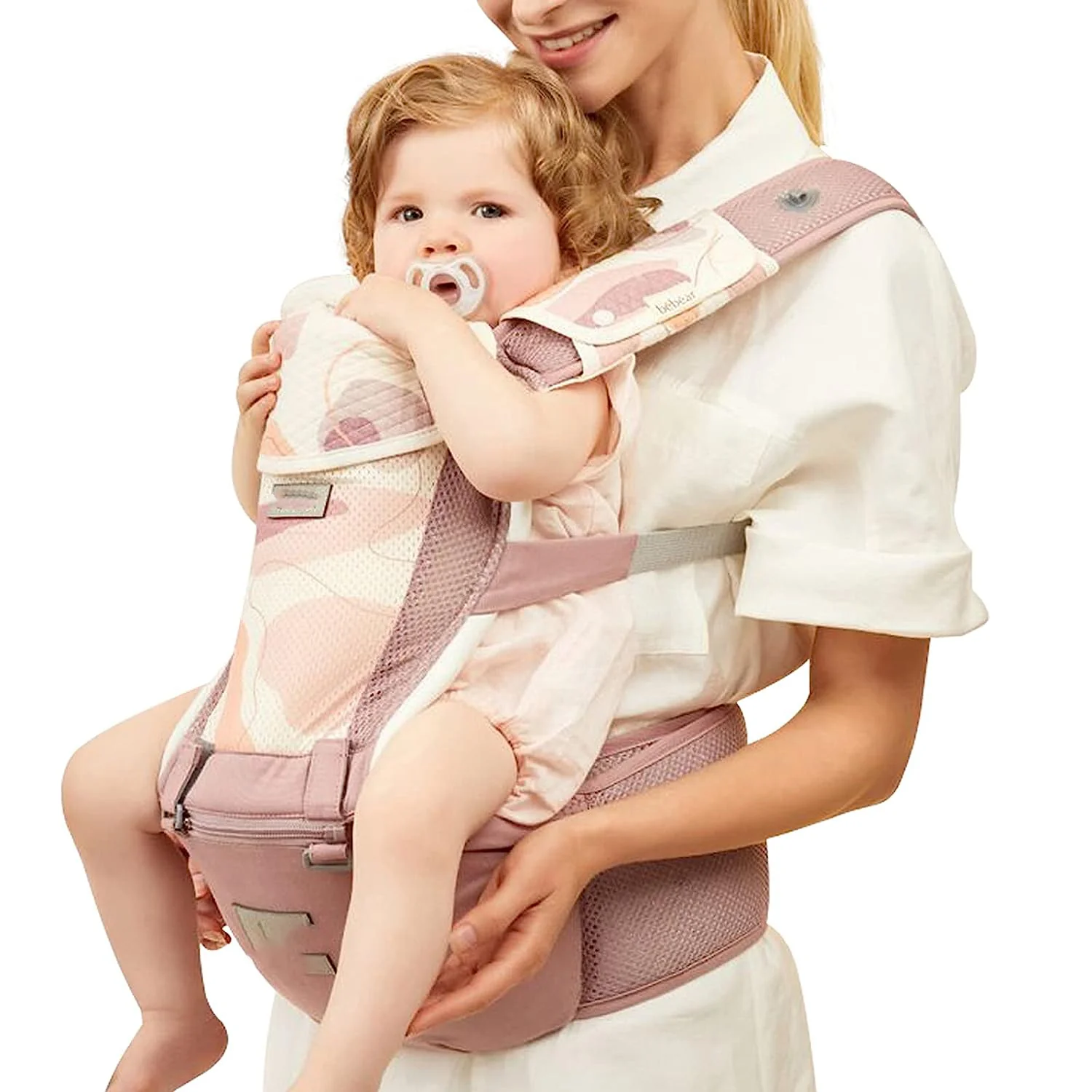 Babytrage für Neugeborene bis Kleinkinder, Baby-Hüfttrage mit Kopfhaube, Taillenverlängerung und 3 Beißpolstern (grau)