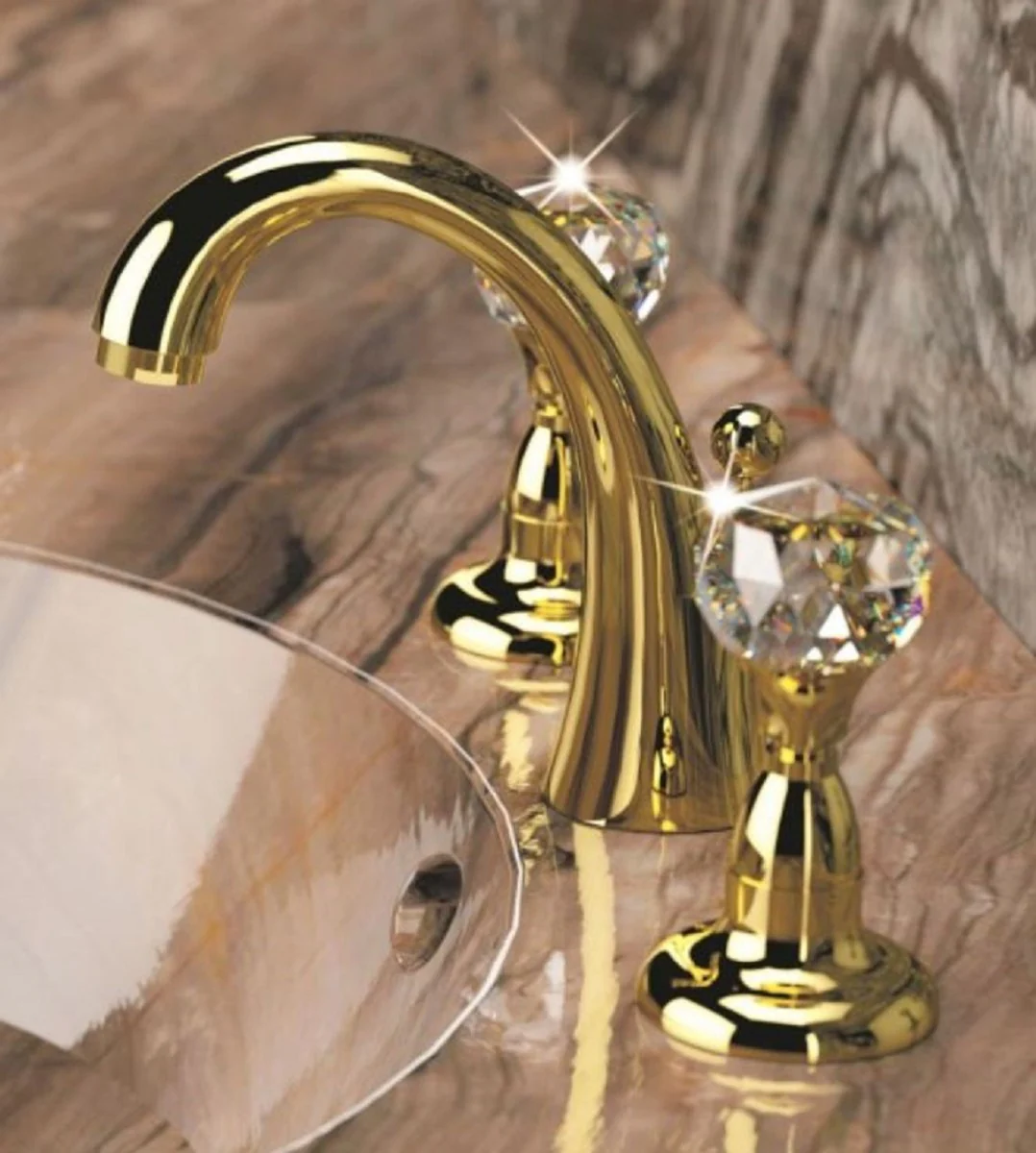 Luxury washbasin fitting with Swarovski crystal glass gold H. 15 cm - three-hole mixer with waste set - luxury bathroom accessories - Made in Italy