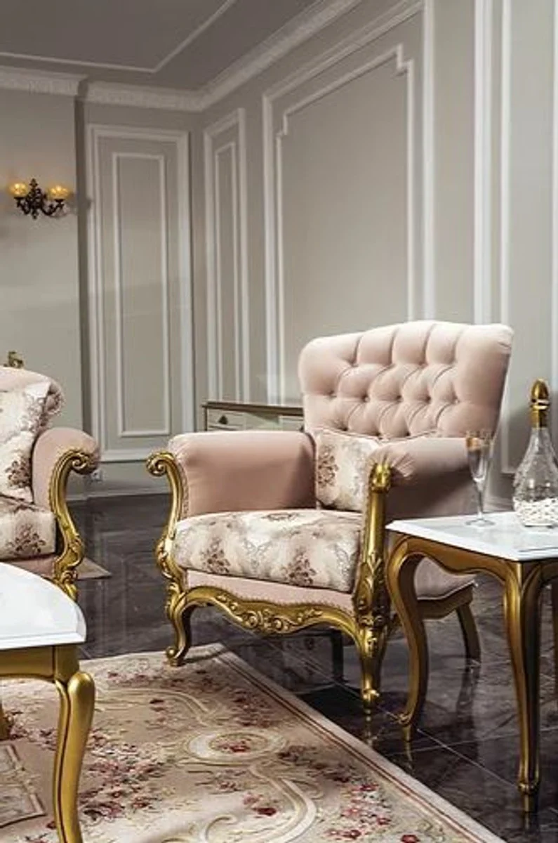 Luxury baroque living room set pink / white / gold - 2 sofas & 2 armchairs & 1 coffee table & 2 side tables - living room furniture in baroque style - noble and magnificent