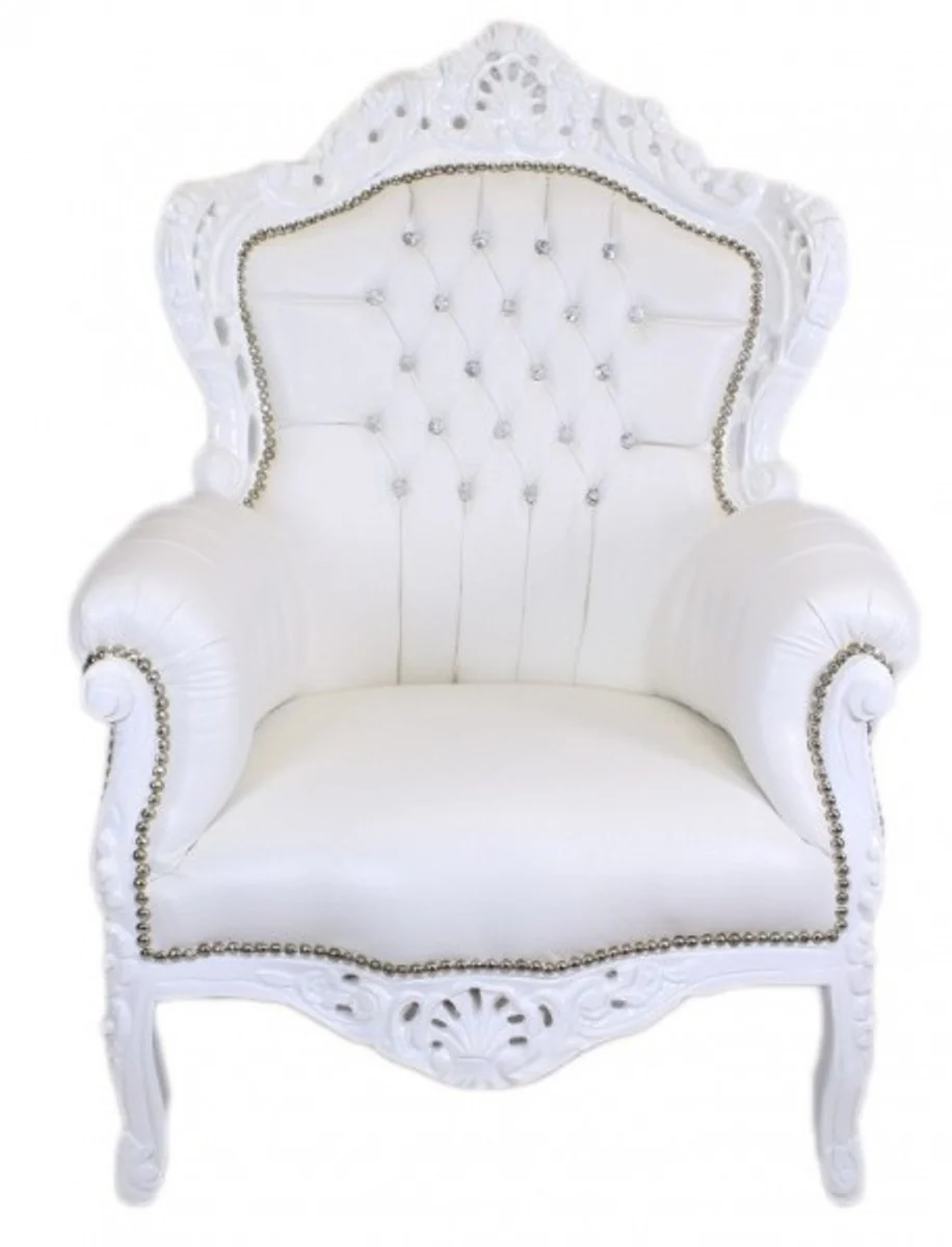 Barock Sessel King Weiß Lederoptik mit Bling Bling Glitzersteinen - Luxus Barock Möbel