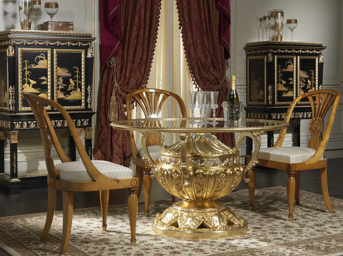 Luxury baroque dining table gold / silver Ø 120 x H. 78 cm - Magnificent hand-carved dining room table with glass top - Hotel Restaurant Castle Furniture - Luxury Quality - Made in Italy