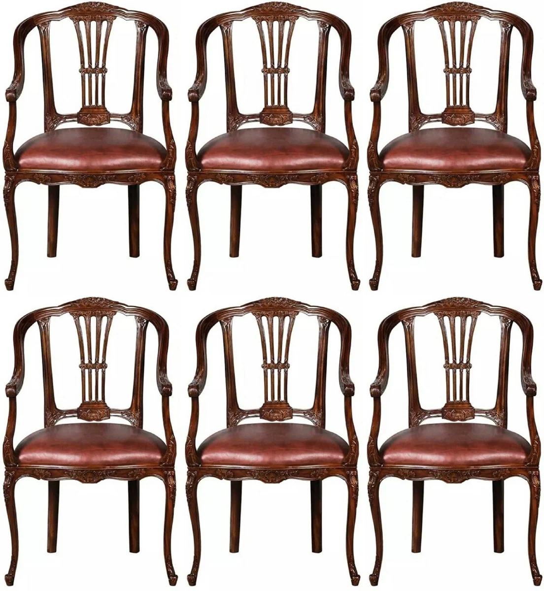 Luxury Baroque Leather Dining Room Chair Set of 6 with Armrests Brown - Magnificent Baroque Style Real Leather Kitchen Chairs - Luxury Baroque Dining Room Furniture - Noble & Magnificent