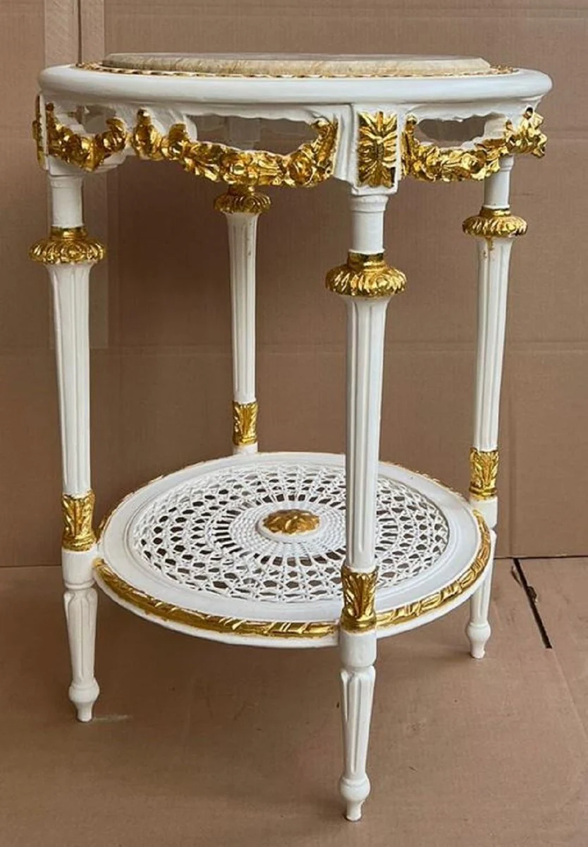 Baroque side table white / gold / cream - round antique style table with marble top - baroque style living room furniture in baroque style - baroque furniture