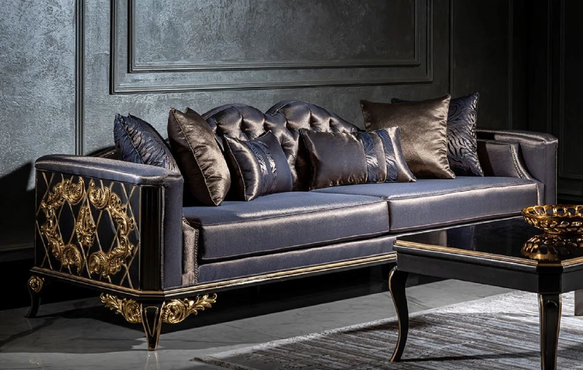Luxus Barock Wohnzimmer Set Blau / Schwarz / Gold - 2 Sofas & 2 Sessel & 1 Couchtisch - Wohnzimmer Möbel im Barockstil - Edel & Prunkvoll