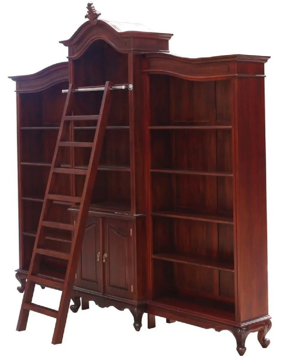 Luxury Baroque Mahogany Bookcase Dark Brown 280 x 47 x H. 245 cm - Magnificent Baroque Style Cabinet with Ladder - Baroque Office Furniture - Noble & Magnificent