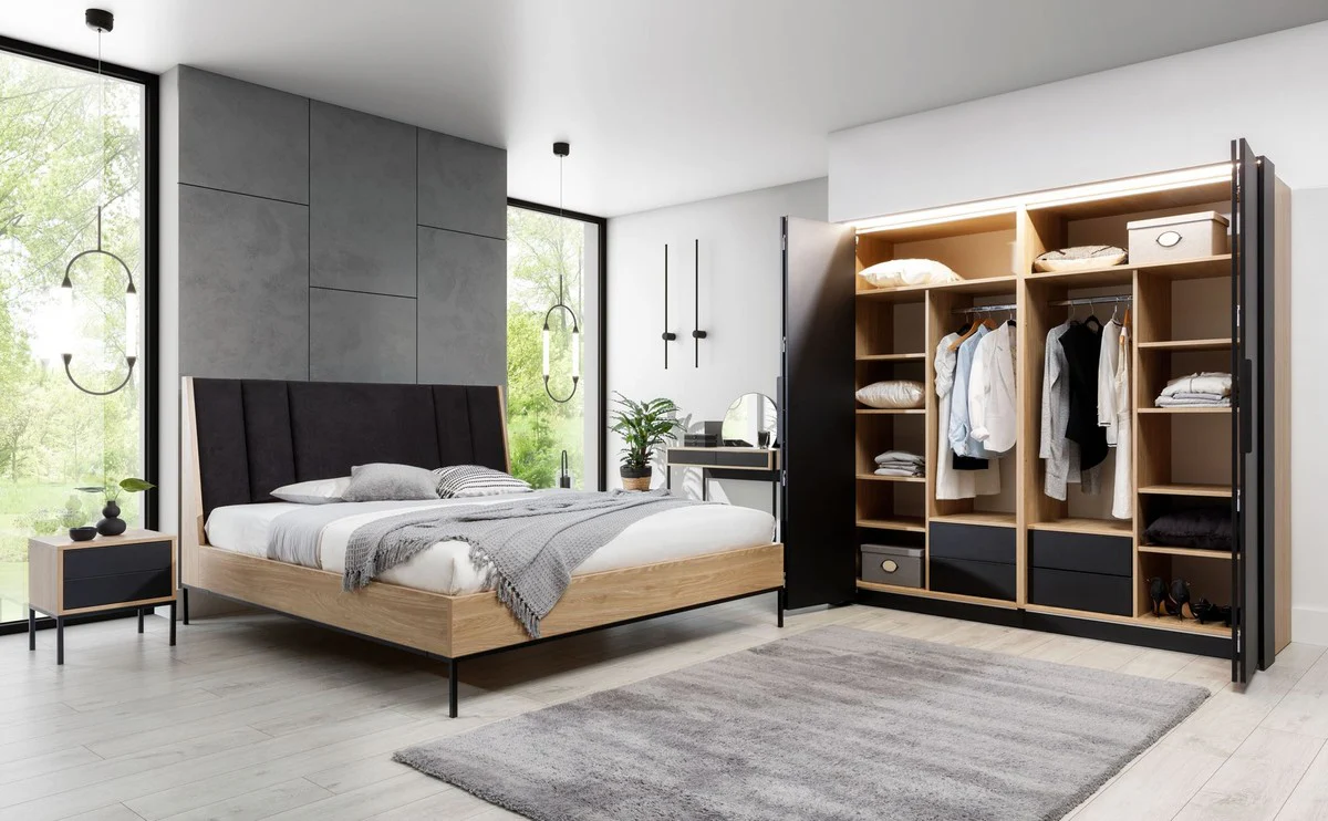 Luxury double bed black / natural colors - noble solid wood bed with headboard - bedroom furniture - hotel furniture - luxury furniture - bedroom furnishings - luxury furnishings