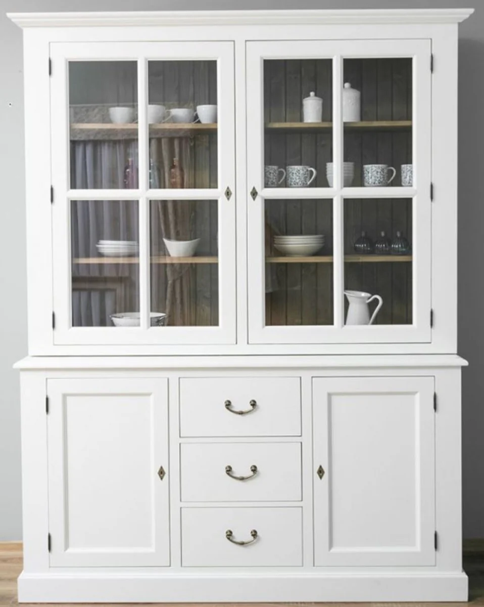 Country house style kitchen cabinet white / brown 179 x 47 x H. 225 cm - solid wood kitchen cabinet with 4 doors and 3 drawers - country house style kitchen furniture