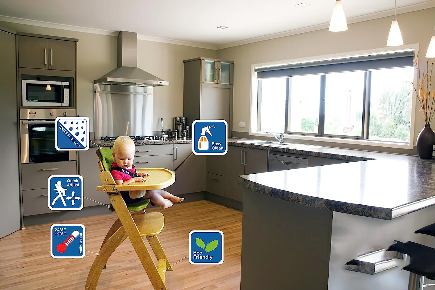 Hochstühle aus Holz für Babys und Kleinkinder. 3-in-1 verstellbarer Hochstuhl mit abnehmbarem Tablett, leicht zu reinigen, tragbar. 6 Months up to 250 Lb. Kissen aus Naturholz/Olivenholz