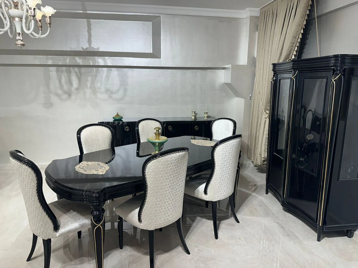 Luxury Baroque Dining Room Set Cream / Black / Gold - 1 Dining Table & 6 Dining Chairs