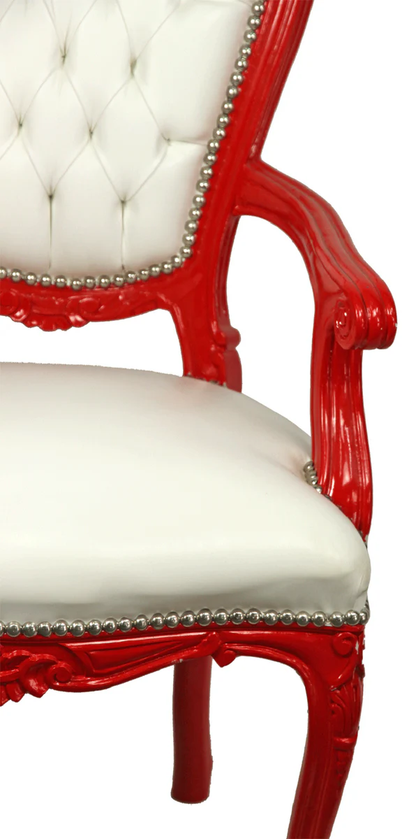 Luxury baroque dining room chair with armrests white / red - handmade kitchen chair with elegant faux leather - baroque dining room furniture