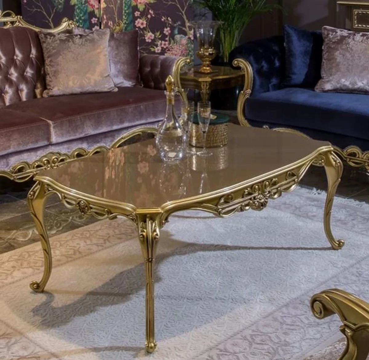 Luxury baroque coffee table gray / gold 123 x 77 x H. 52 cm - Noble solid wood living room table in baroque style - Magnificent baroque furniture