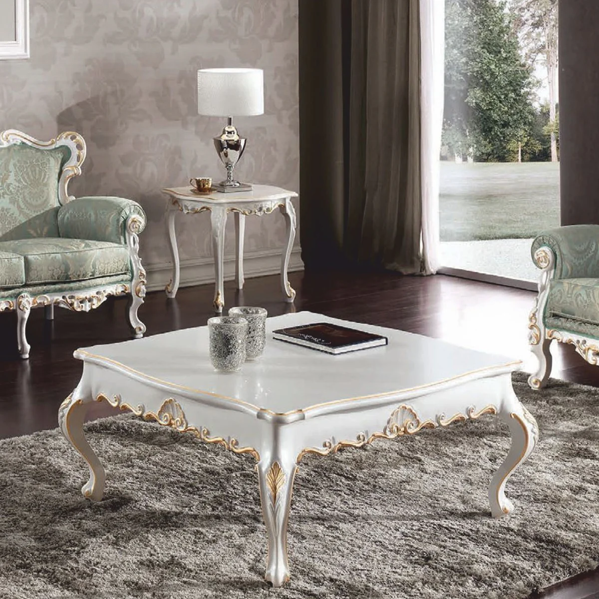 Luxury Baroque coffee table white / gold 104 cm - Made in Italy