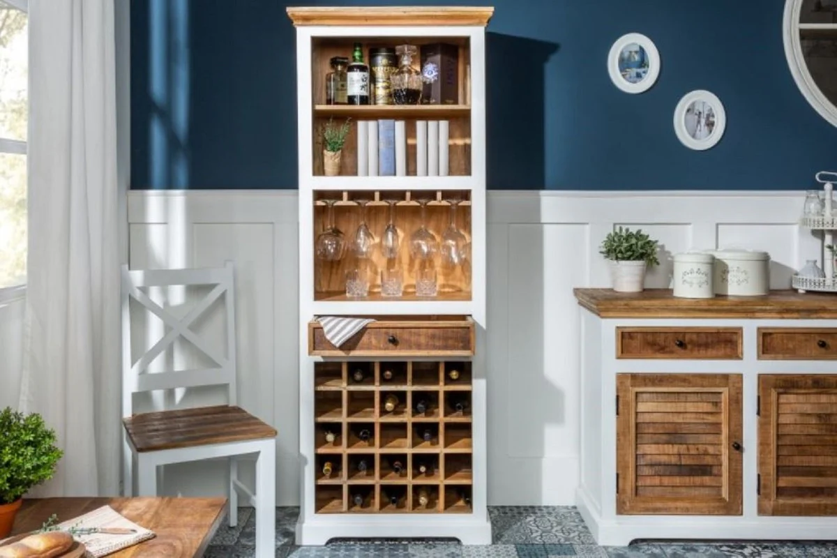 Country house style wine cabinet white / natural colors 72 x 40 x H. 196 cm - handmade solid wood bar cabinet - bar furniture in country house style