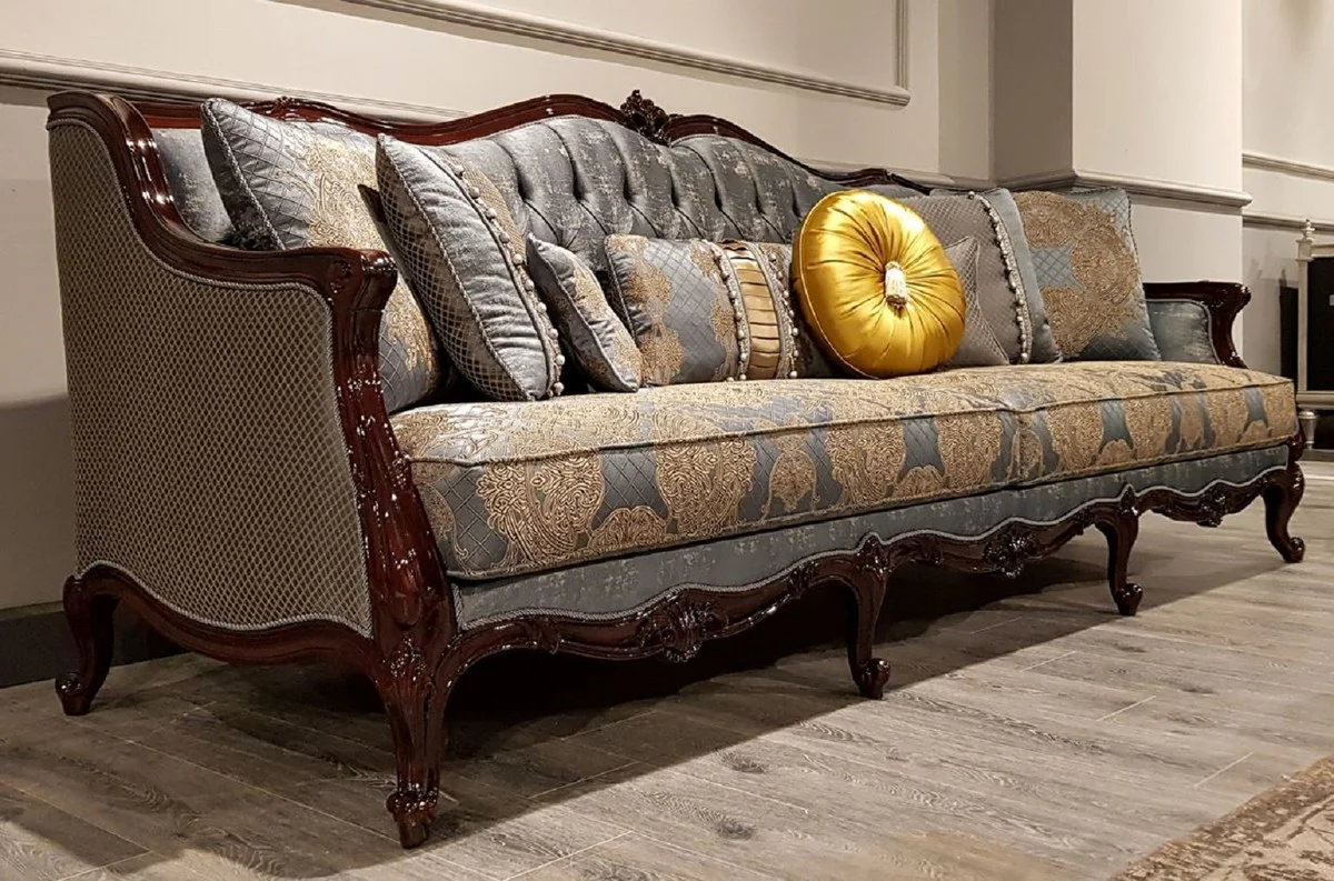 Luxury Baroque Sofa Silver / Beige / Dark Brown - Magnificent living room sofa with elegant pattern - Baroque furniture