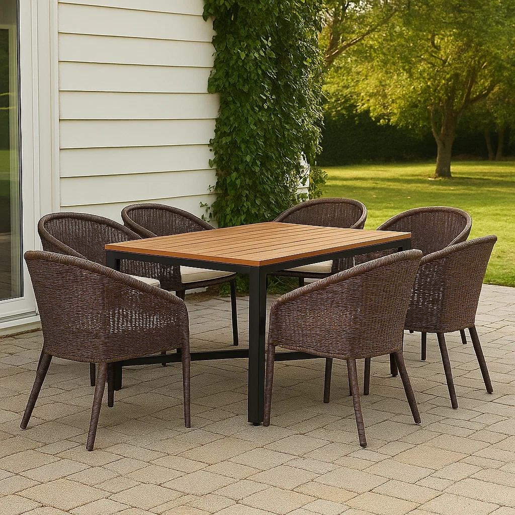 Gartentisch und Stühle, 7-teilig, mit Metallgestell und Rattansitzen, braun, und Holztisch, naturfarben, Tisch 160 x 90 x 75 cm, Stühle 60 x 60 x 85 cm. - yNSm3BiSeL77