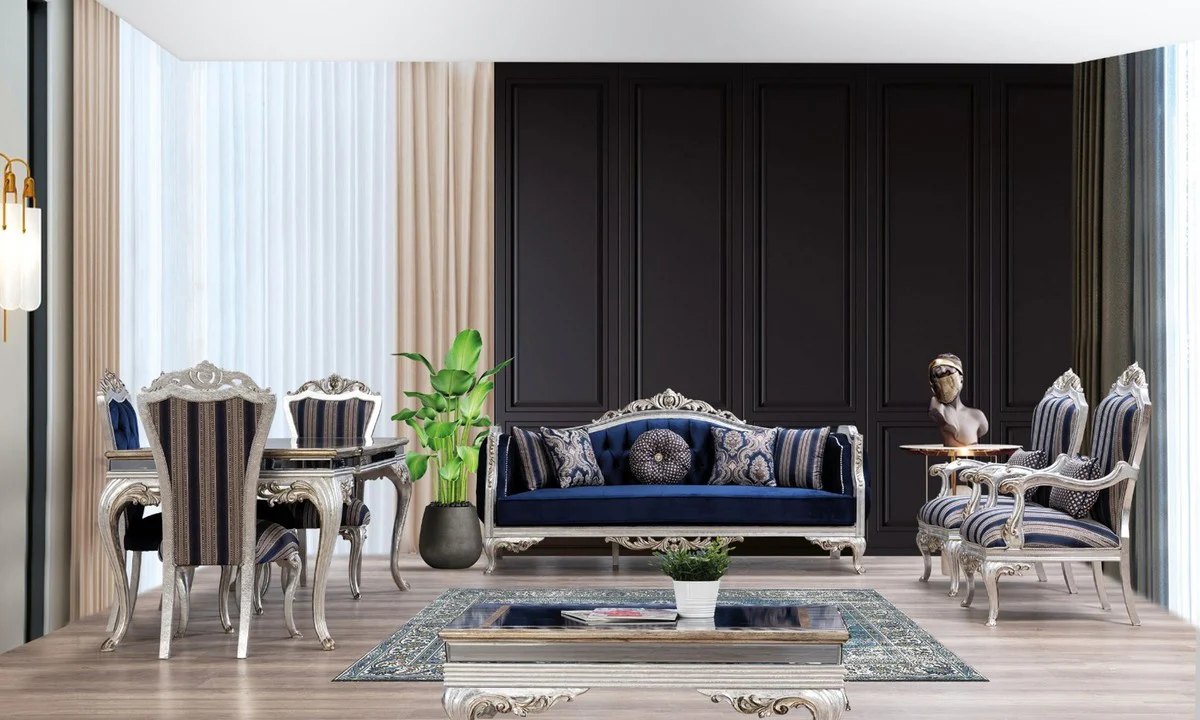 Luxury Baroque Dining Room Set Blue / Silver - 1 Dining Table & 6 Dining Chairs - Handcrafted Baroque Dining Room Furniture