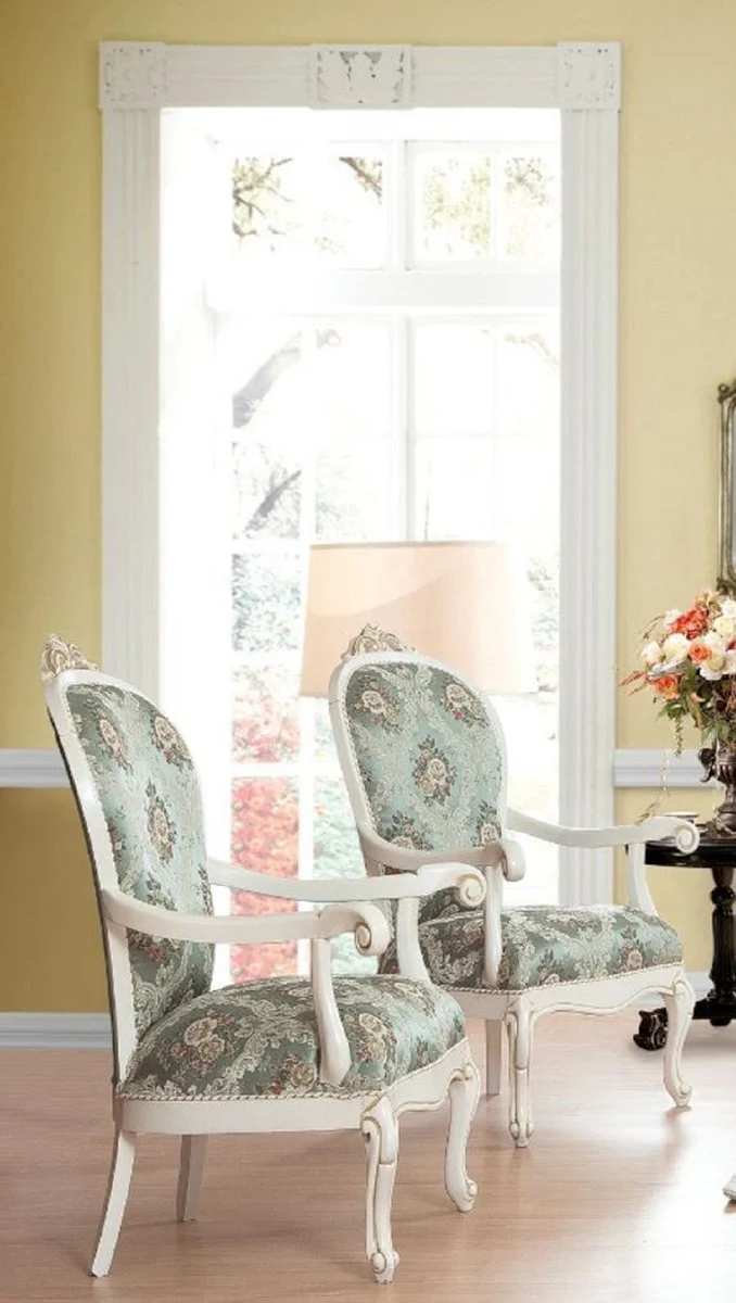 Luxus Barock Wohnzimmer Set Türkis / Grün / Weiß - 2 Sofas & 2 Sessel mit Muster & 1 Couchtisch - Wohnzimmer Möbel im Barockstil - Edel & Prunkvoll