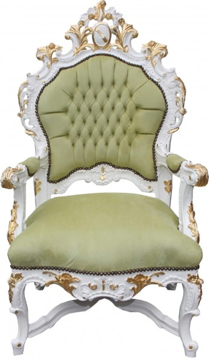 Barock Luxus Thron Sessel Grün/Weiss/Gold - Unikat - Barock Möbel Thron Königssessel - Limited Edition