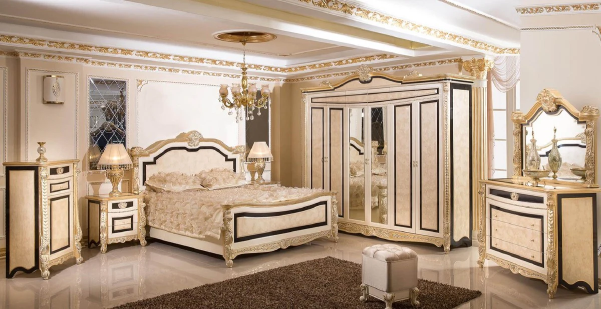 Luxury Baroque bedroom set white / beige / black / gold - 1 Baroque double bed with headboard & 2 Baroque nightstands - Luxury bedroom furniture in Baroque style - Baroque interior