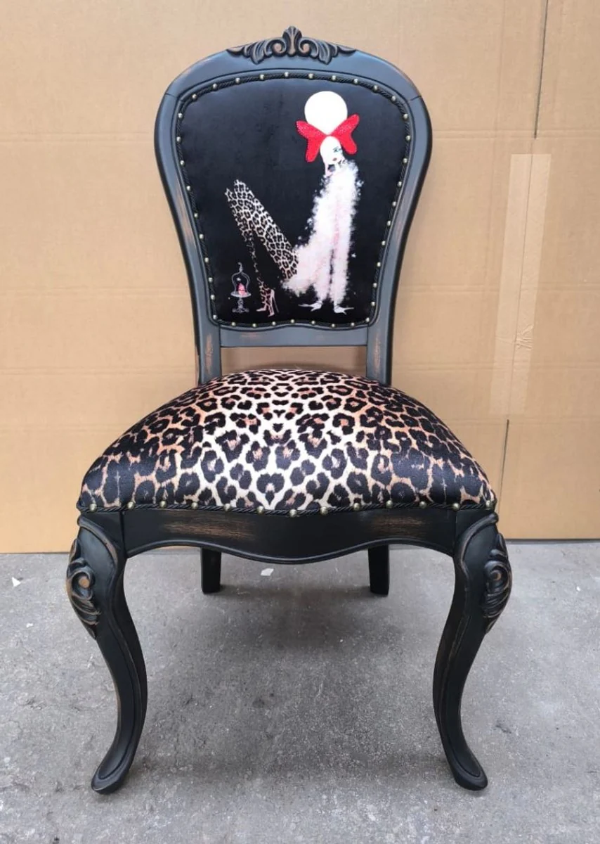 Luxus Barock Esszimmer Stuhl Leopard / Schwarz H. 110 cm - Esszimmer Möbel