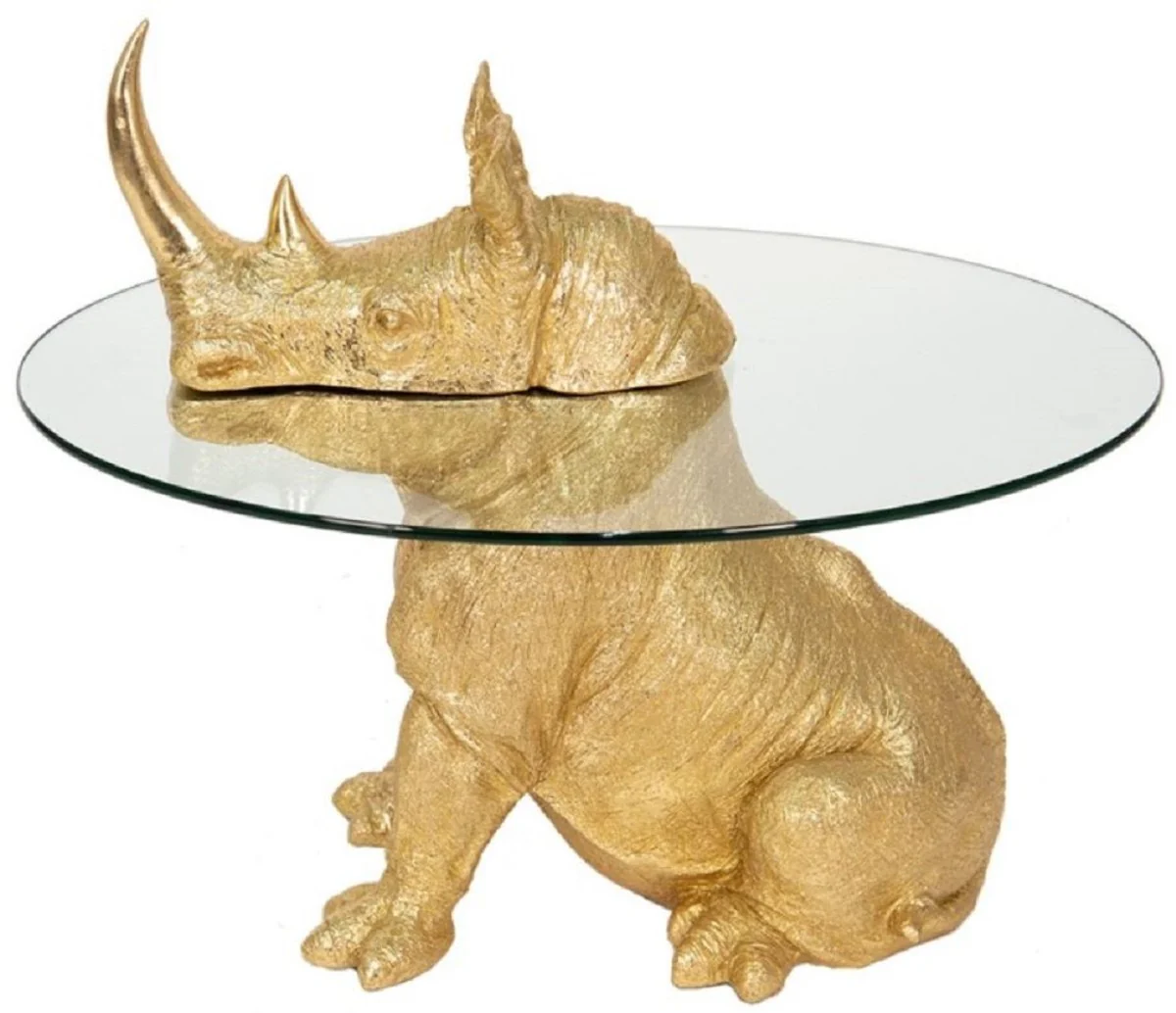 Luxury side table Rhino Gold Ø 65 x H. 55 cm - Round synthetic resin table with glass top - Living room furniture - Luxury furniture - Luxury furnishings - Living room furnishings