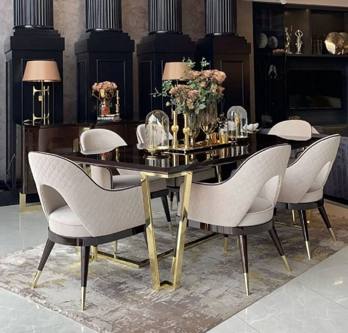 Luxury Art Deco dining chair set of 6 beige / dark brown / gold 58 x 65 x H. 90 cm - Art Deco dining room & restaurant furniture - luxury quality