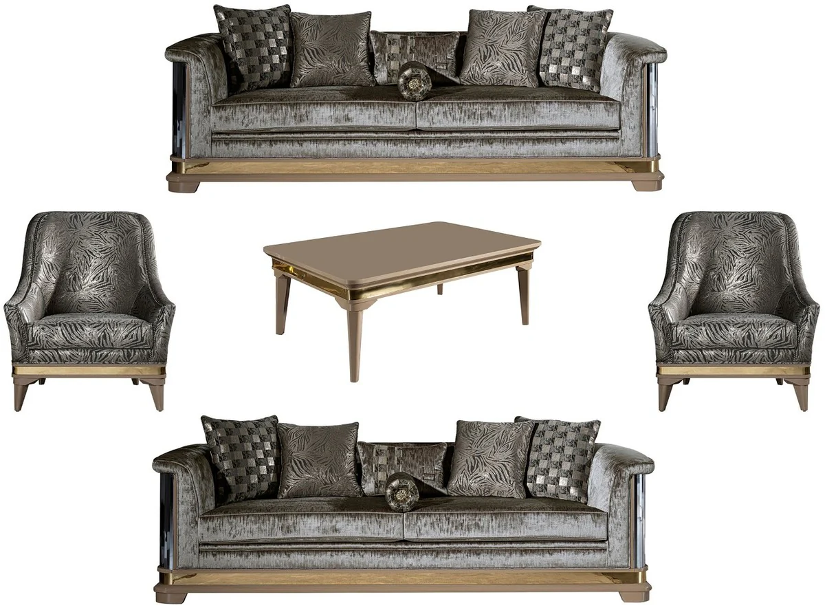 Luxus Art Deco Wohnzimmer Set Silber / Schwarz / Beige / Gold - 2 Sofas & 2 Sessel & 1 Couchtisch - Art Deco Wohnzimmer Möbel