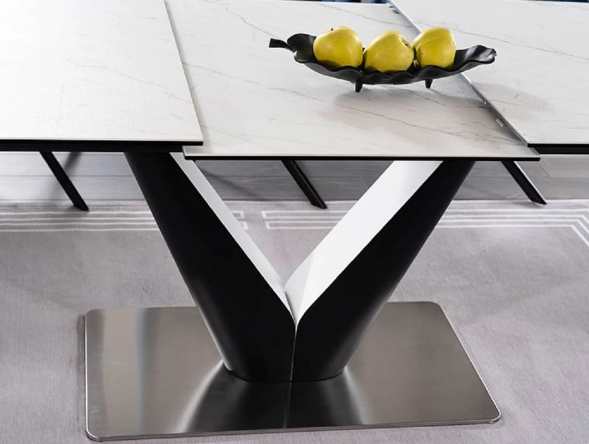 Luxury dining table with tempered glass ceramic table top in marble look white / matt black / silver 160-220 x 90 x H. 76 cm - Extendable kitchen table - Dining room furniture - Luxury furniture