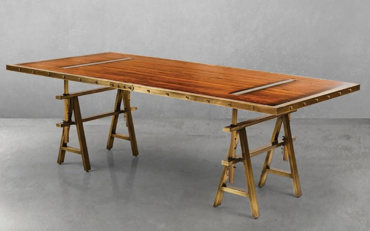 Luxury vintage industrial style dining table brown / brass 226.5 x 111 x H. 75.5 cm - Rectangular dining room table with solid wood table top - Luxury vintage industrial style dining room furniture