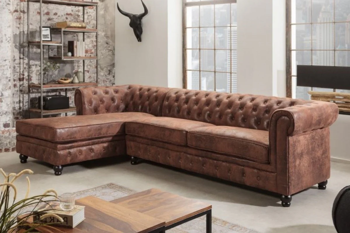 Chesterfield Corner Sofa Left Antique Brown - Microfiber Living Room Sofa - Chesterfield Living Room Furniture