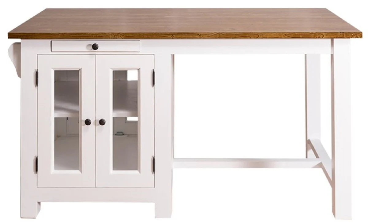 Country house style kitchen island with 4 glass doors and 2 drawers white / dark brown 150 x 85 x H. 80 cm - country house style kitchen furniture
