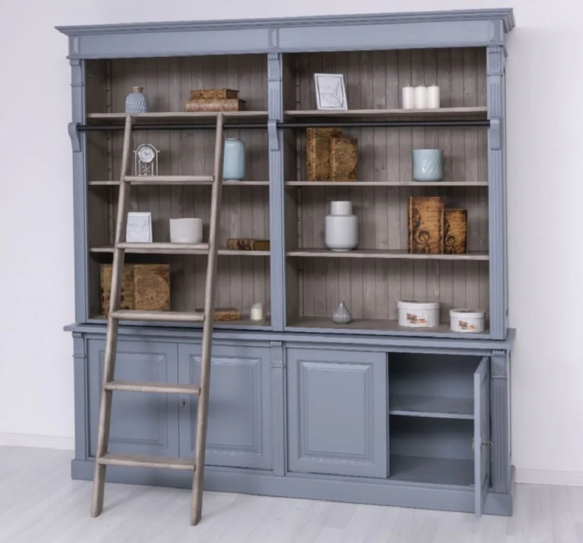 Country house style bookcase with ladder light blue / gray 223 x 51 x H. 228 cm - solid wood cupboard - living room cupboard - shelf cupboard - office cupboard - country house style furniture