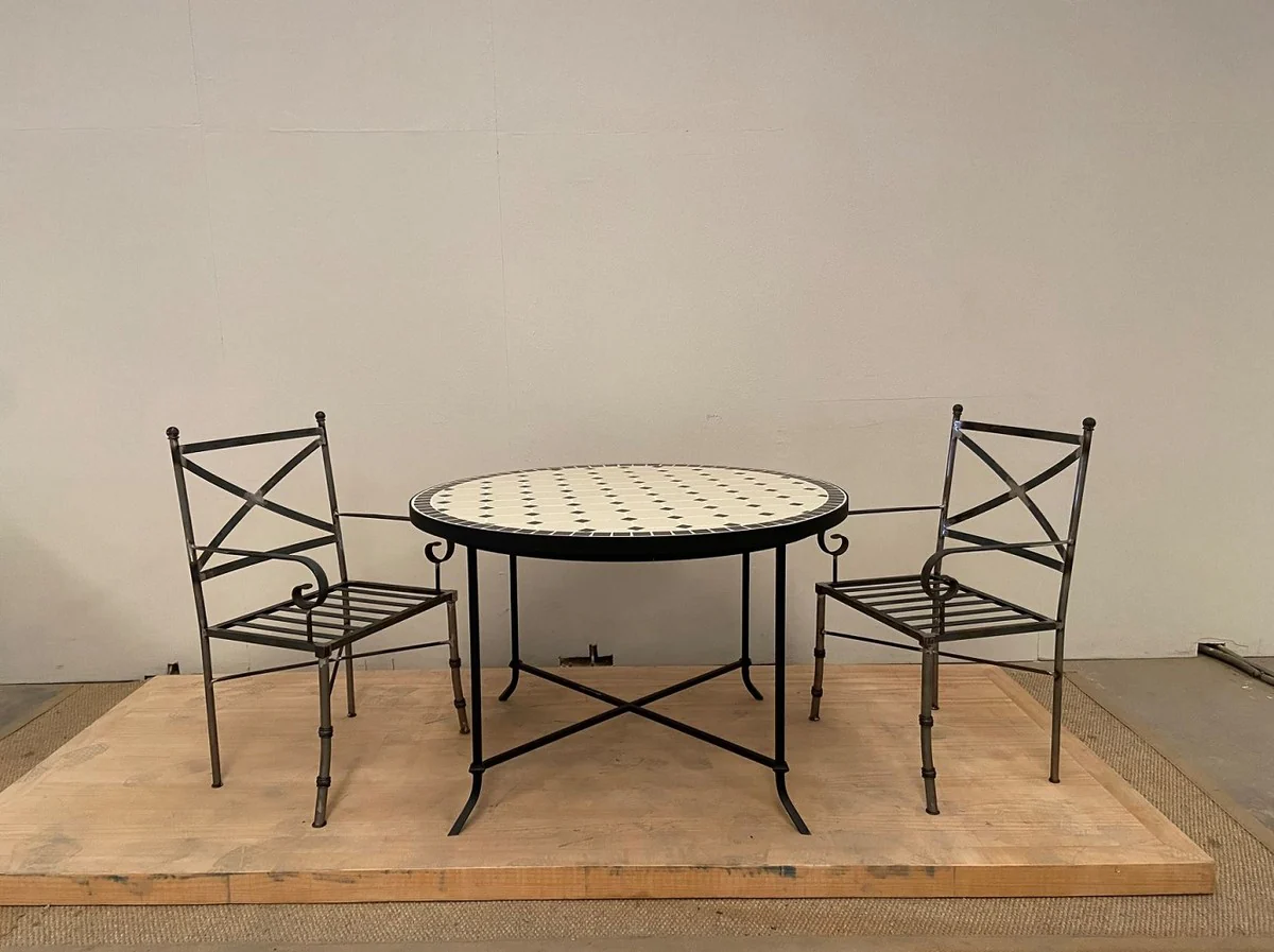 Luxury Art Nouveau garden chair with armrests and seat cushion brown / white 61 x 51 x H. 97 cm - Hand-forged dining room chair - Dining room garden patio furniture