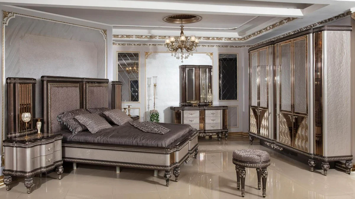 Luxury Baroque Double Bed Gray / Dark Brown / Gold - Magnificent Solid Wood Bed - Luxury Bedroom Furniture in Baroque Style - Baroque Bedroom Furniture