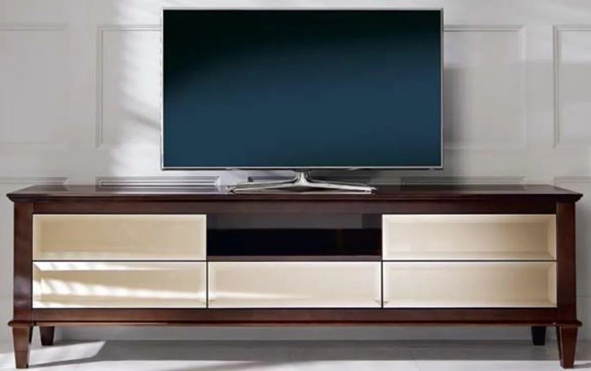 Luxury Neoclassic TV cabinet brown 200 x 45 x H. 61 cm - TV cabinet with 5 mirrored drawers - Luxury living room furniture
