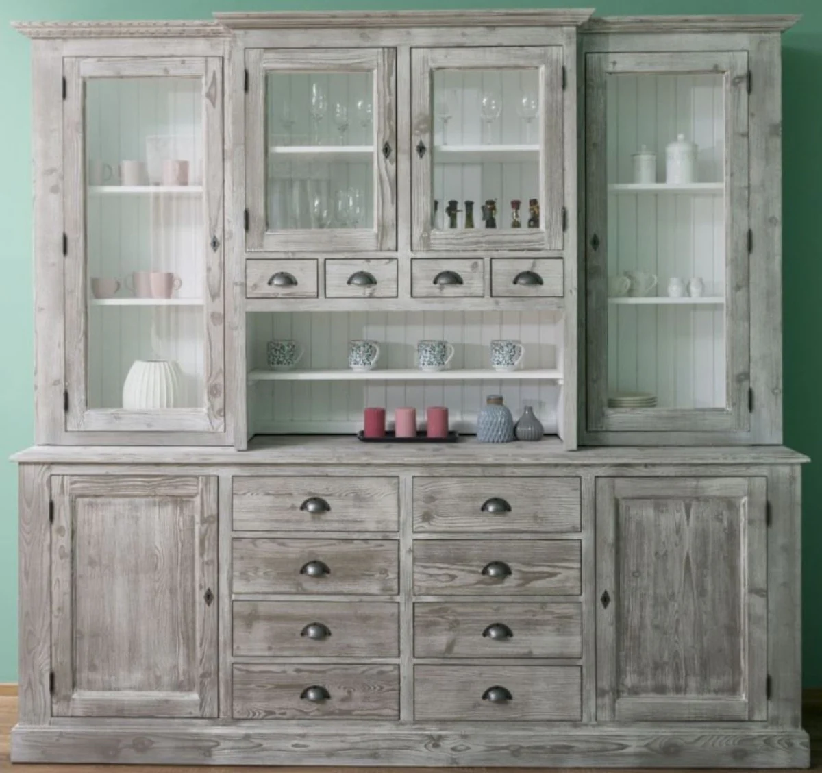 Country house style kitchen cabinet gray / white 244 x 47 x H. 225 cm - 2-part cabinet with 6 doors and 12 drawers - country house style kitchen furniture