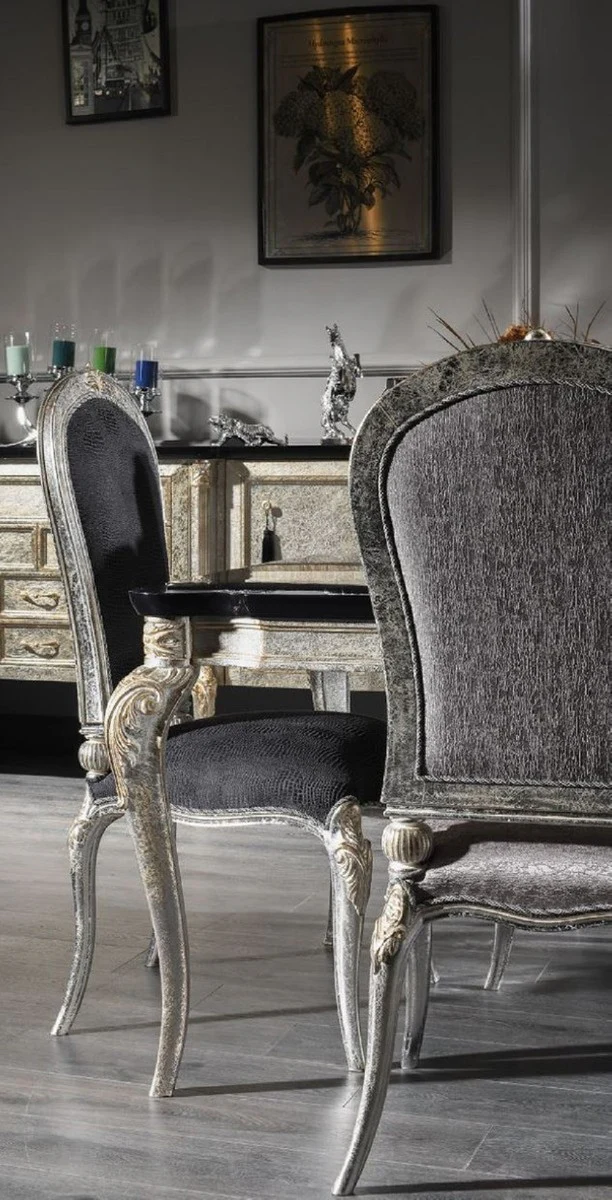 Luxury Baroque Dining Room Chair Set Dark Gray / Antique Silver / Gold - Handmade Kitchen Chairs Set of 6 - Baroque Dining Room Furniture - Noble & Magnificent