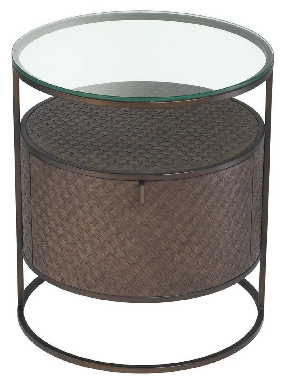Luxury bedside table bronze Ø 50 x H. 56 cm - Round side table with drawer and glass top - Luxury bedroom furniture