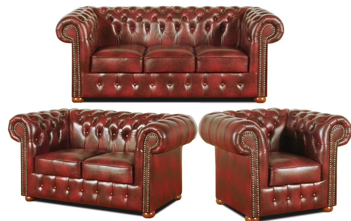 Chesterfield living room set of 3 wine red - luxury genuine leather furniture