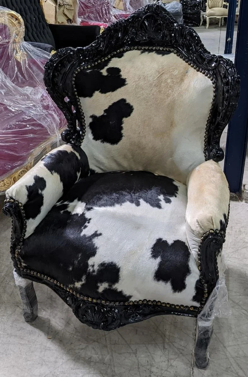 Barock Sessel Kuhfell / Schwarz - Handgefertigter Massivholz Wohnzimmer Sessel - Antik Stil Wohnzimmer Sessel - Wohnzimmer Möbel im Barockstil - Barock Möbel