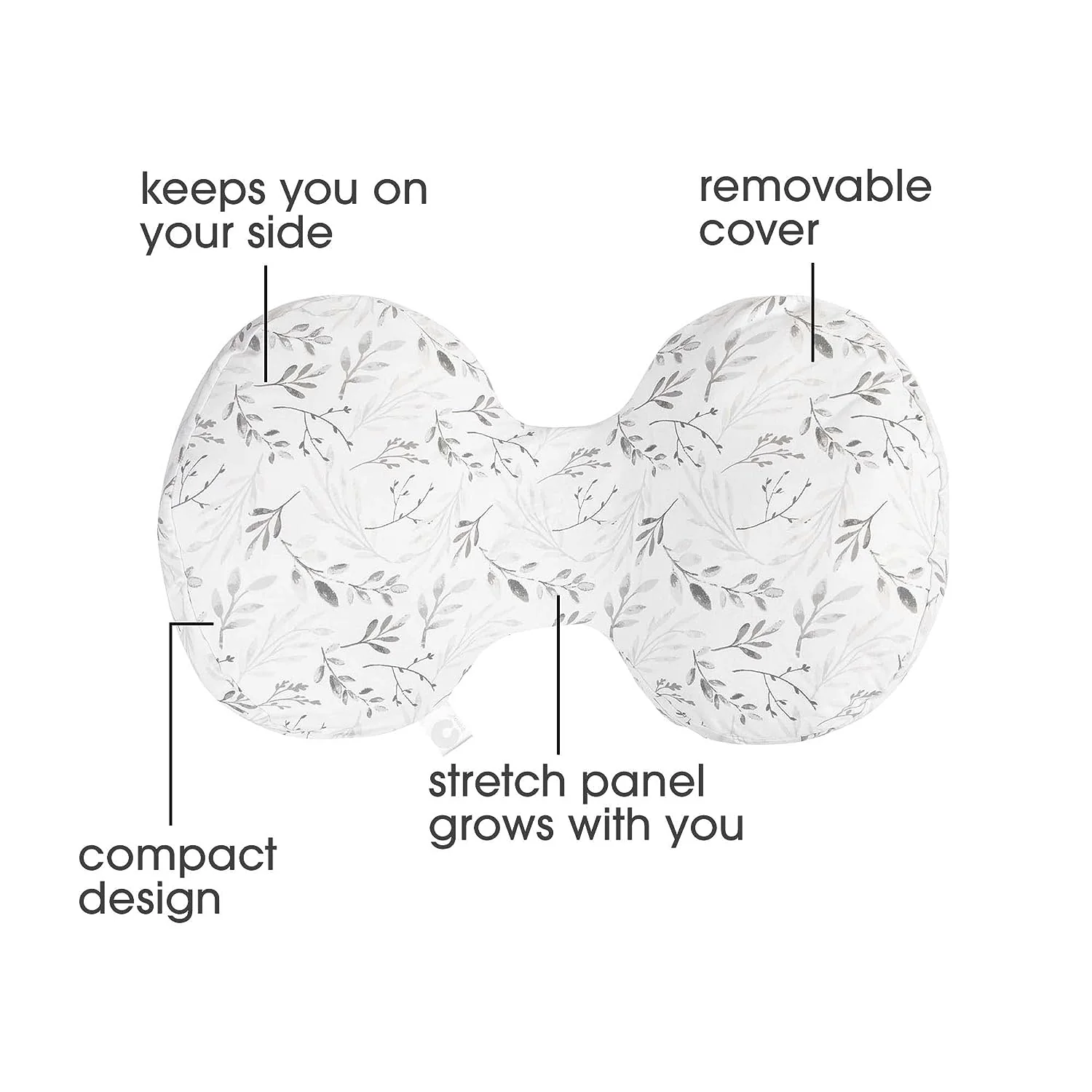 Seitenschläfer-Schwangerschaftskissen mit abnehmbarem Jersey-Kissenbezug, graue fallende Blätter, kompaktes, festsitzendes Design mit charakteristischem Stretch-Einsatz, pränatale und postnatale Positionierung