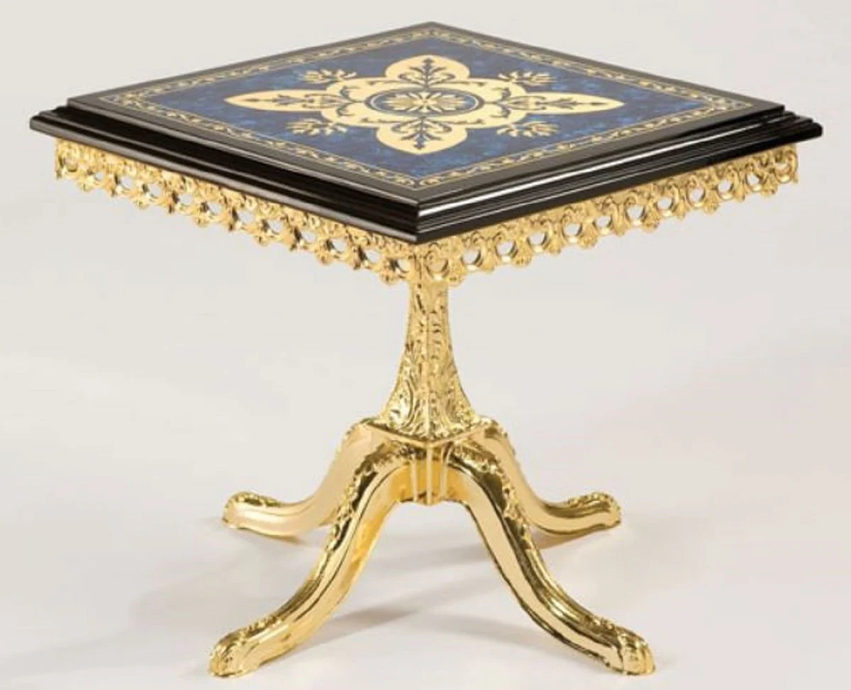 Luxury baroque side table black / blue / gold 53 x 53 x H. 50 cm - noble brass table with solid wood table top - baroque living room furniture