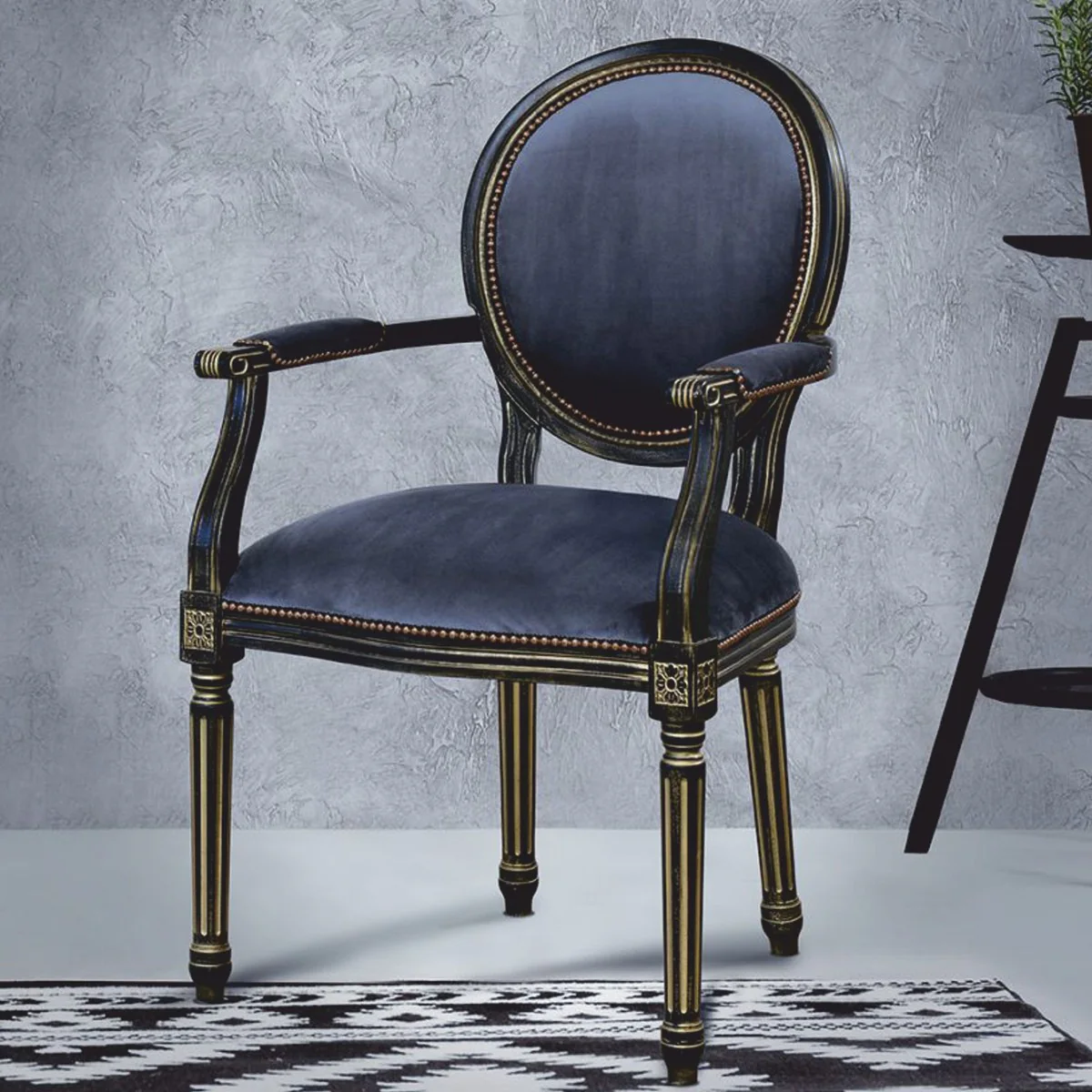 Luxury Baroque Dining Chair with Armrests Blue / Black / Gold - Baroque Style Furniture