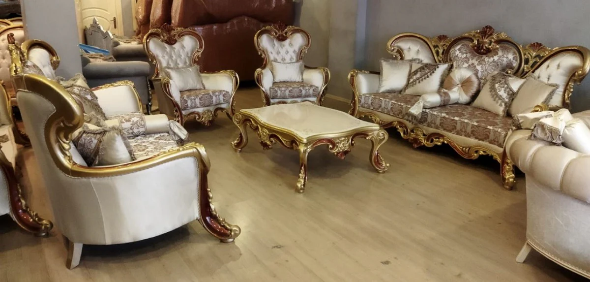 Luxus Barock Wohnzimmer Set Creme / Silber / Gold / Braun - 2 Barock Sofas & 2 Barock Sessel & 1 Barock Couchtisch - Luxus Wohnzimmer Möbel im Barockstil - Barock Möbel